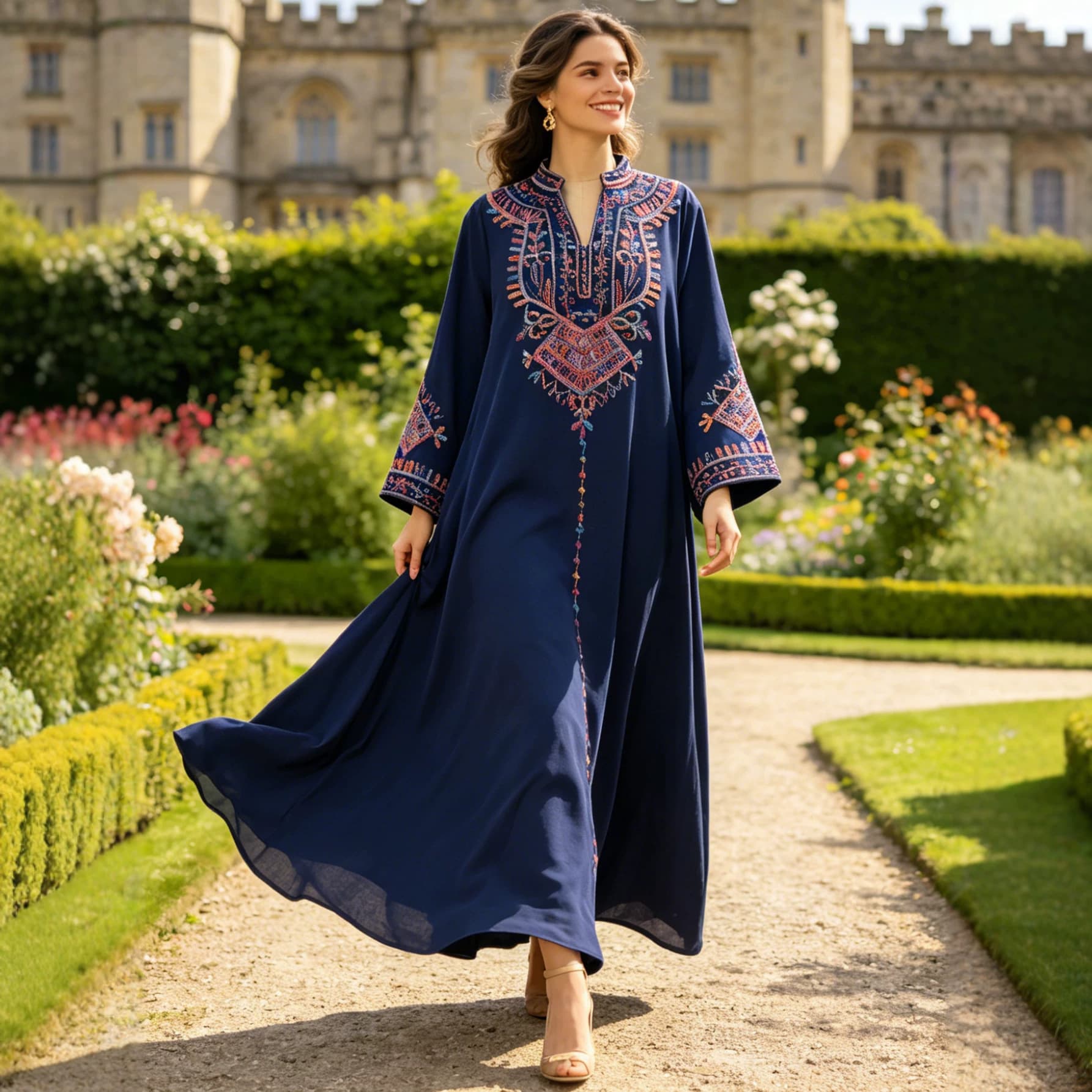 Cross-border Amazon Ethnic Women's Robe Embroidered Elegant Fashionable V-Neck String Embroidered Dress Cover-up