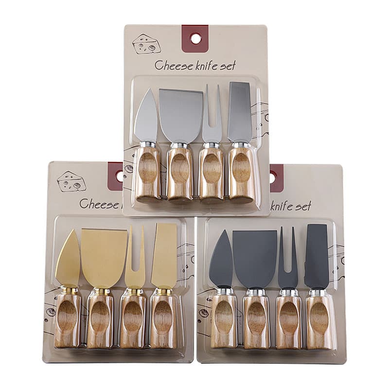 Cross-Border In-Stock Stainless Steel Cheese Knife with Rubber Wooden Handle, Butter Knife, Pizza Cheese Knife Set