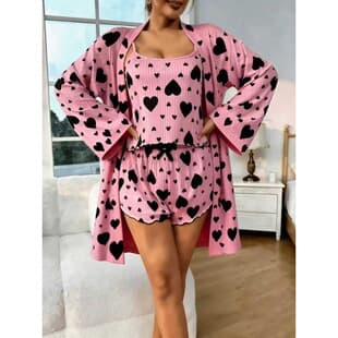 New Women's Sexy Heart Print Sleepwear Robe Set, Plus Size Loungewear Pajama Set Wholesale