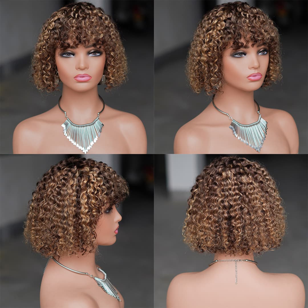 Chanxiu Bob Curly Human Hair Wig, Full Machine-Made Curly Bangs Real Hair Wig, In Stock