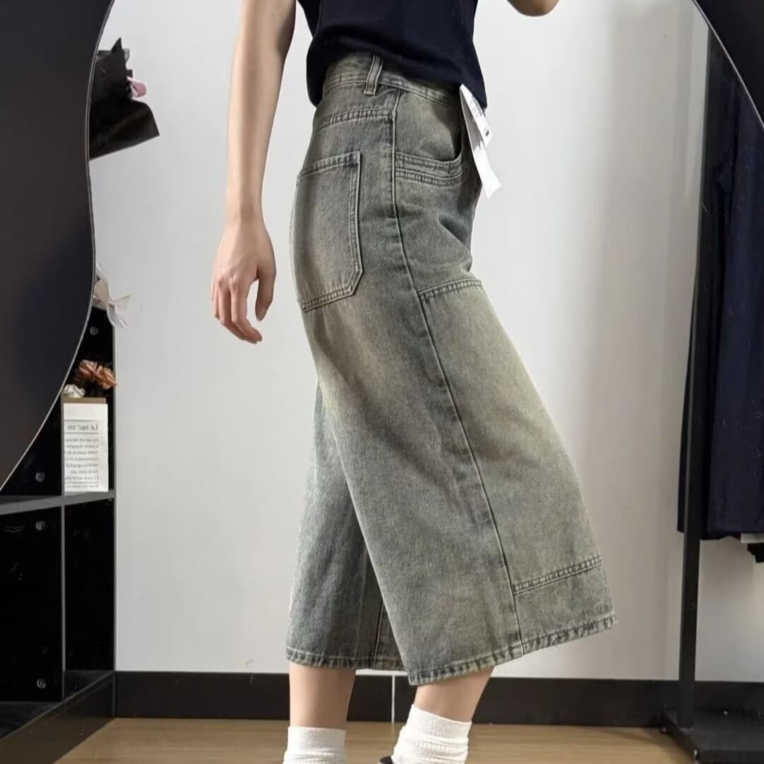 American Retro Washed Capri Jeans Summer 2026 New Loose High-Waist Slimming Hot Girl Straight-Leg Wide-Leg Pants