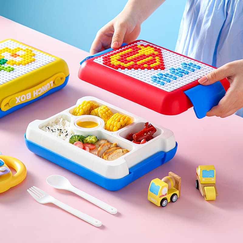 Portable DIY Pixel Building Block Kids Lunch Box Student Bento Box Plastic Compartment Lunch Box Picnic Box