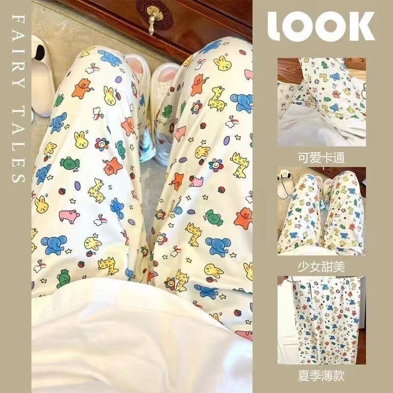 Summer Thin Casual Cartoon Print Pants Loose Home Clothes Women's Walking Trousers Lightweight Comfortable Sleepwear