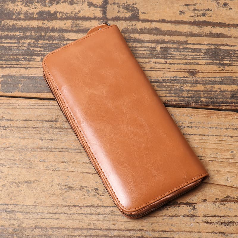 New Cross-Border Women's Vintage Oiled Wax Leather Handbag, Men's Multi-Slot Long Zipper Wallet, Fashionable Genuine Leather Coin Purse