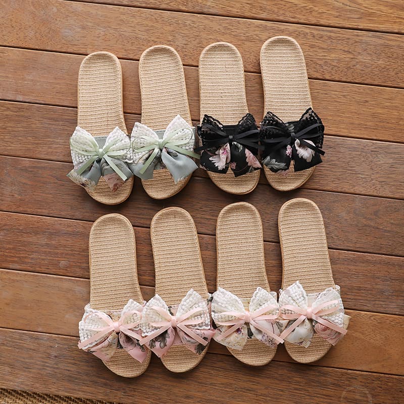 Women's Summer Indoor/Outdoor Home Linen Floor Anti-slip Office Household Cute Bow Sandals