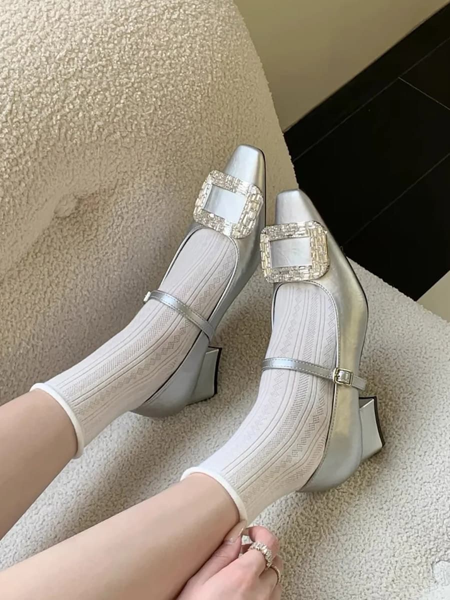 Lambskin version ~ Silver rhinestone buckle chunky heel Mary Jane shoes square toe French style single buckle strap women's shallow mouth shoes