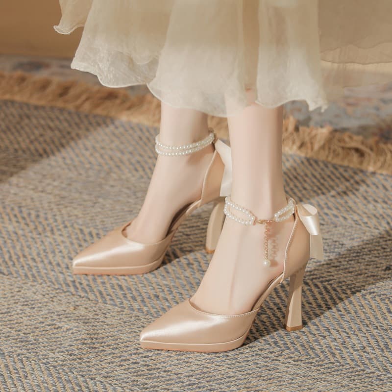 In Stock Petite Waterproof Platform High Heels Women Hollow Pointed Toe Chunky Heel Satin 2026 Main Wedding Dress Shoes 10cm