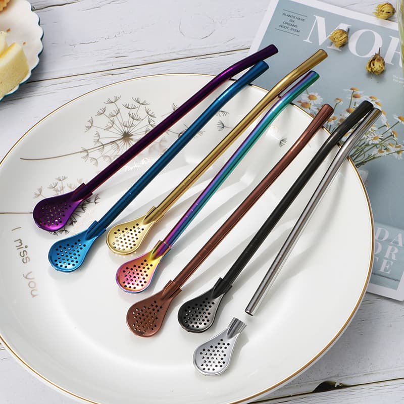 Stainless Steel 304 Detachable Straw Leak Spoon Tea Residue Juice Spoon Milk Tea Coffee Stirring