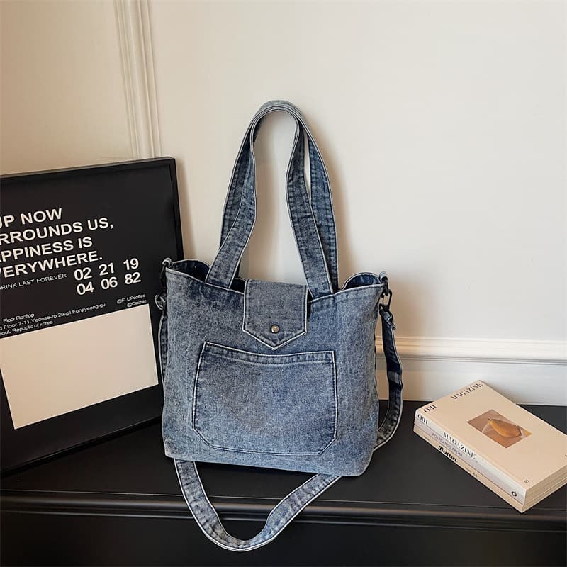Large Capacity Handheld Denim Bag 2026 Summer New Fashion Solid Color Personality Tote Bag Retro Shoulder Bag Trendy