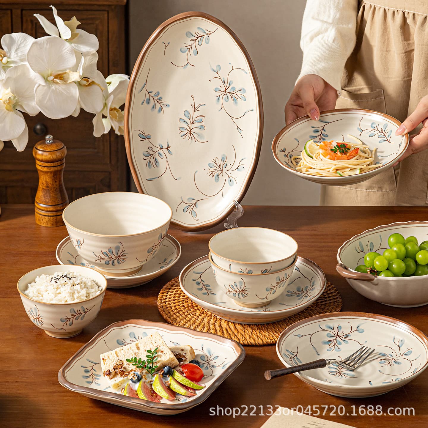 Retro brown edge orchid grass underglaze ceramic bowl and plate set Chinese Valentine's Day gift tableware set
