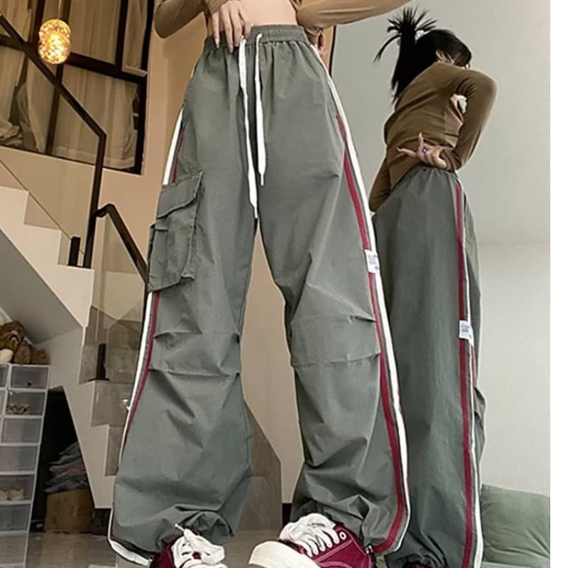 American Sports Style High-Waisted Casual Pants for Women in Autumn Loose Straight Cargo Pants Straight Trousers Wide-Leg Striped Pants