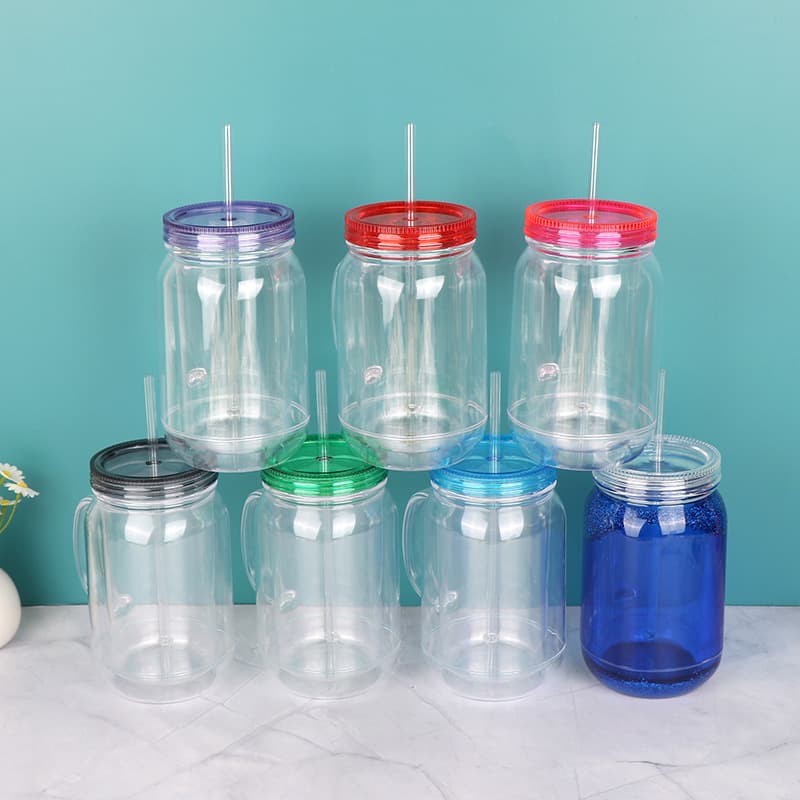 Creative new DIY Mason jar 22oz large capacity double-layer with handle, juice plastic Mason jar wholesale