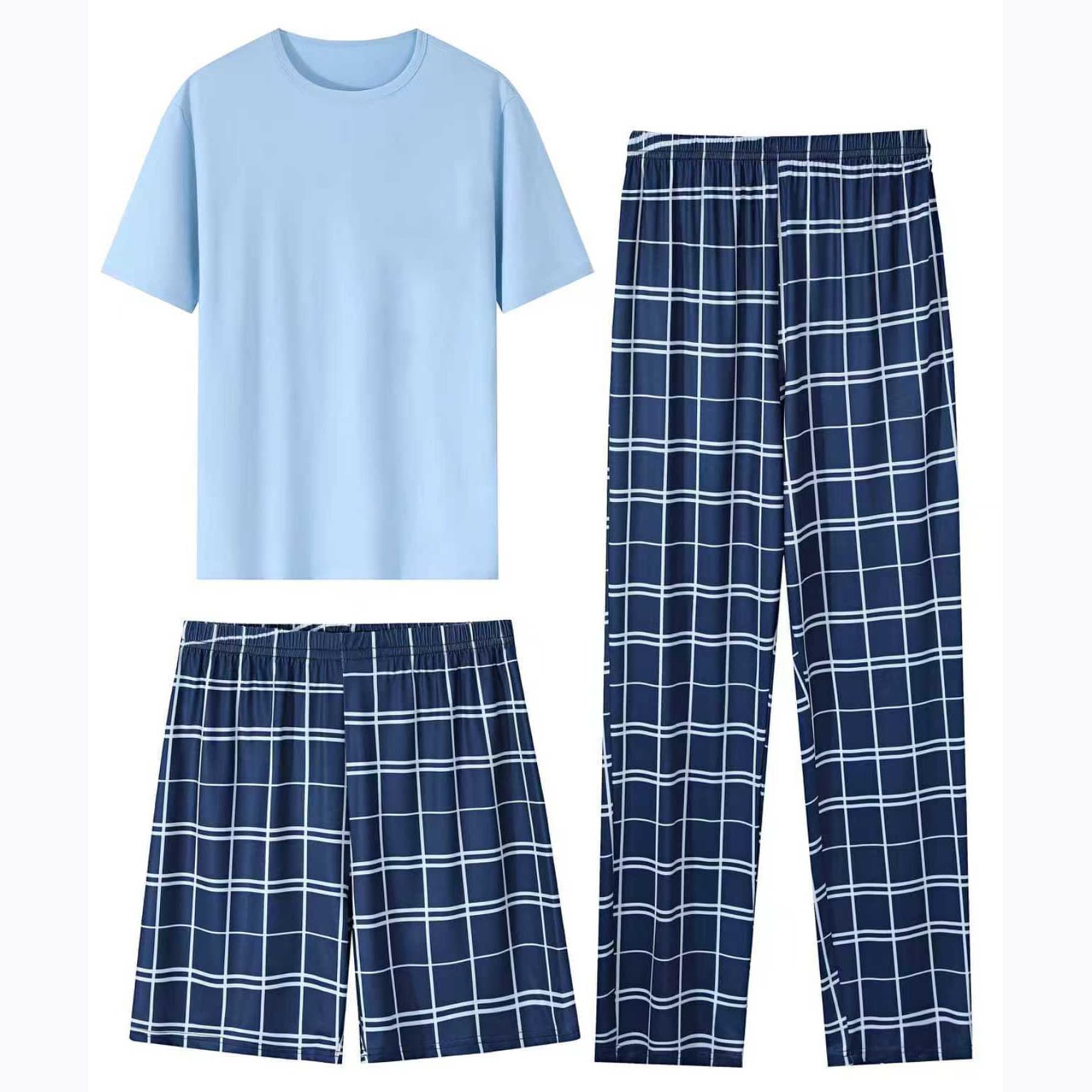2025 New Amazon EU/US Cross-Border Casual Round Neck Short Sleeve Shorts Long Pants Three-Piece Set Family Pajamas