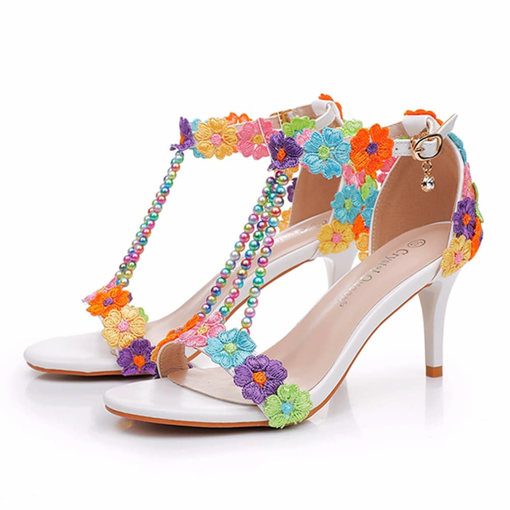 7cm Shallow Mouth One-Strap Sandals Thin Heel Beaded Sandals White Lace Flower Wedding Shoes Ethnic Style High Heel Sandals