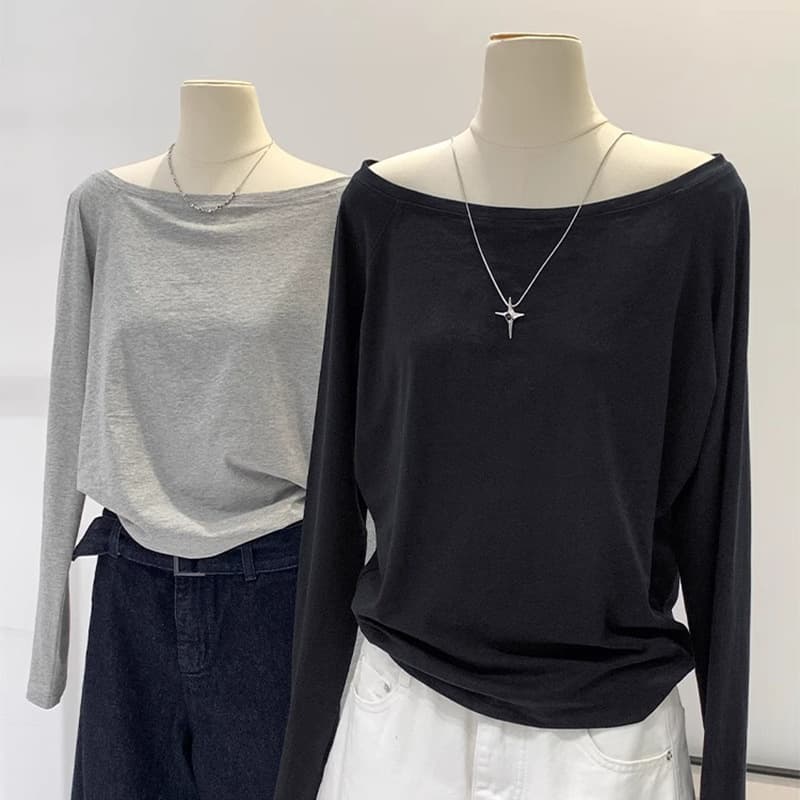 Black Long Sleeve Loose Cotton T-shirt Women's Shoulder Bared Comfortable Casual Basic Top for Spring Autumn Winter