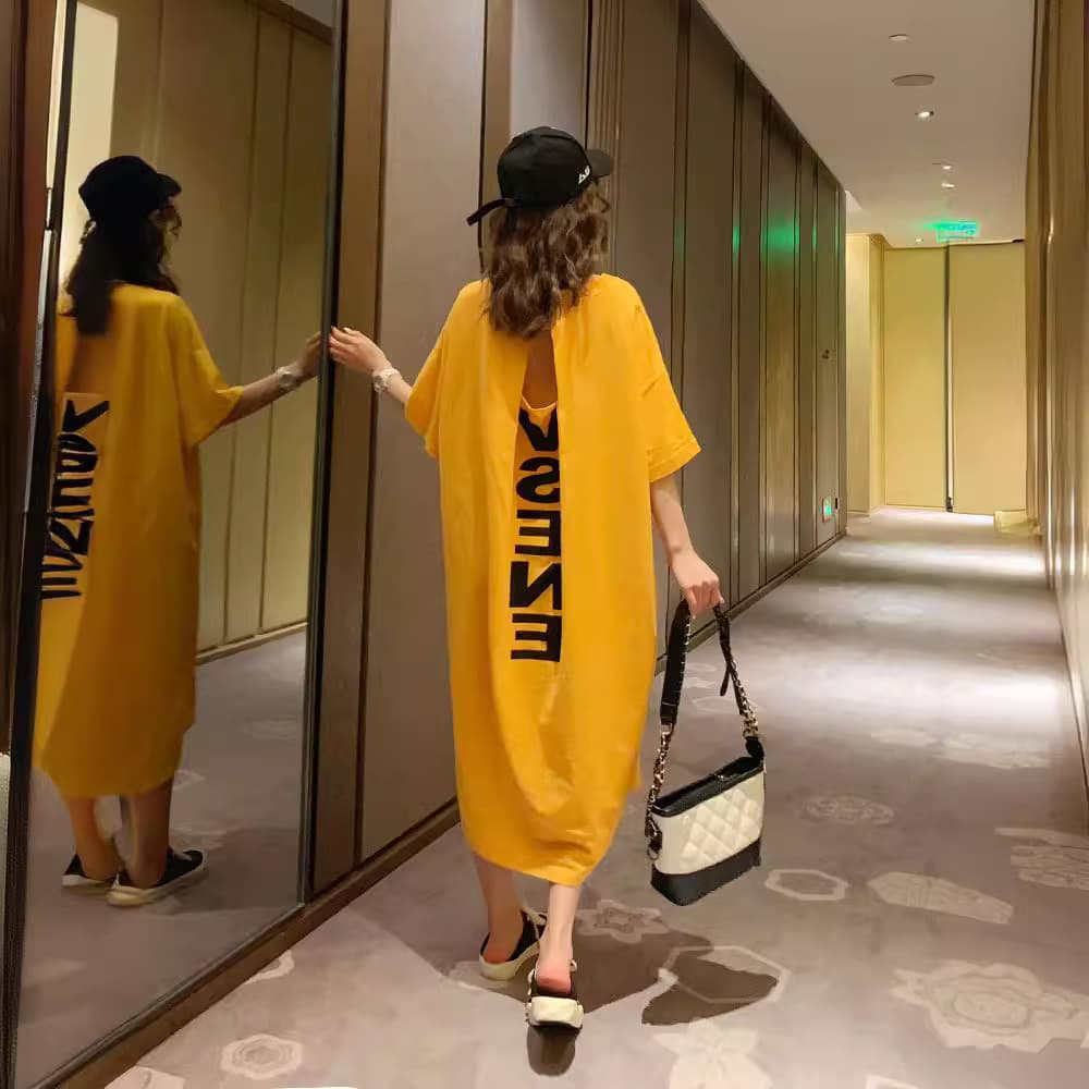 Summer Korean 200 Jin Plus Size Dress for Women Long Backless Loose Long Dress Plus Size Short Sleeve Maternity T-Shirt Dress