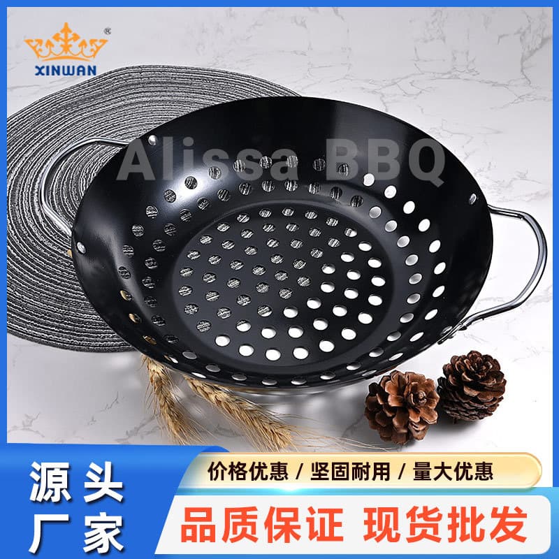 Outdoor BBQ Tray Black Non-stick Paint Small Round Grill Perforated Plate Vegetable Grill Basket Punched BBQ Filter Tray