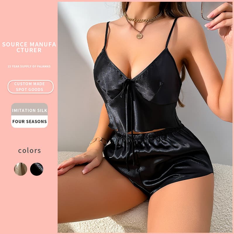 European and American Style Cross-border Silk Sling Shorts Suit Fashion Simple Underwear Backless Home Clothes Ice Silk Pajamas for Women