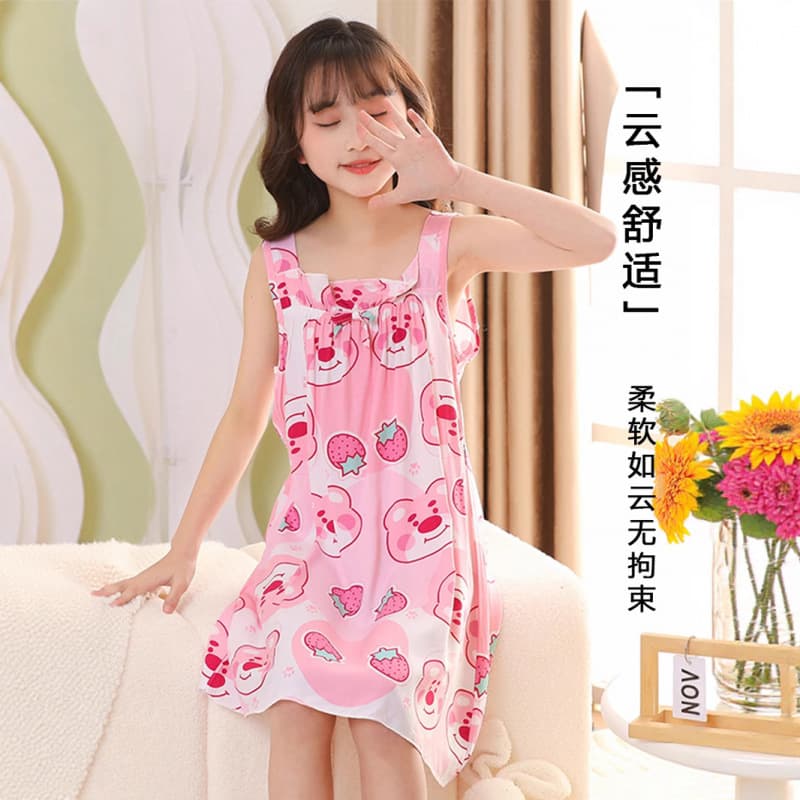 Summer Camisole Nightgown Thin Children Ice Silk Dress Girls Princess Dress Cute Medium and Large Kids Home Dress Cotton Silk