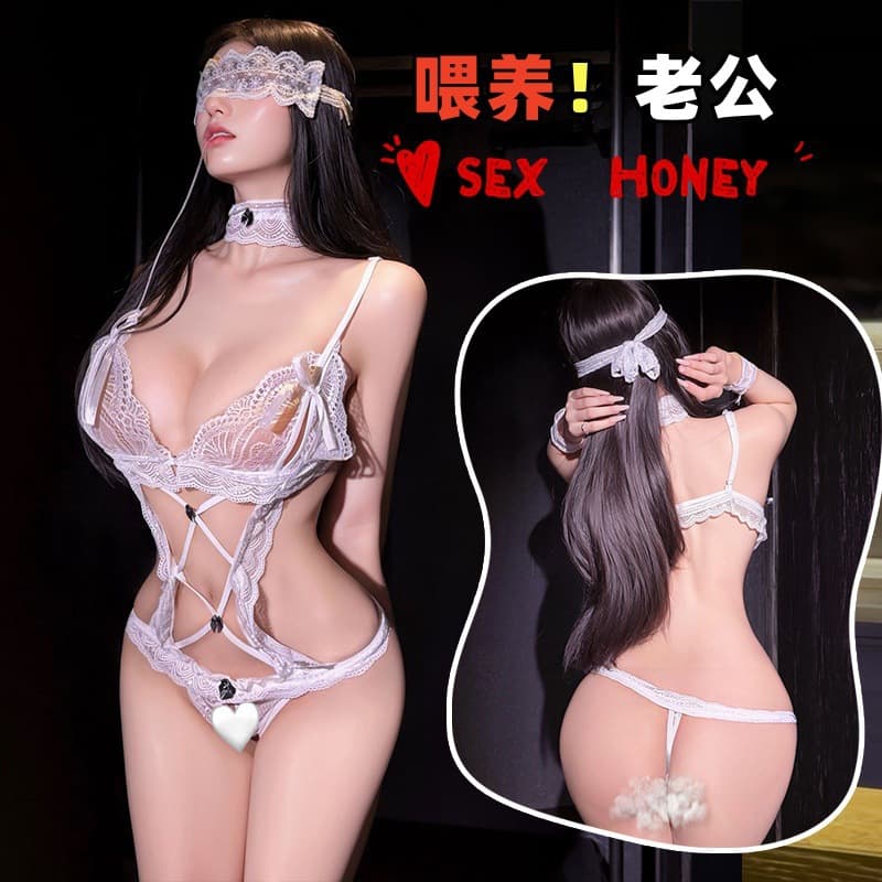 Hemei Plus Size Sexy Lingerie One-Piece Bodysuit Pure Desire Lace Open Crotch Maid Sleepwear