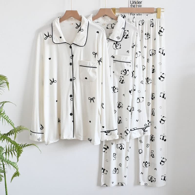 Modal Sleepwear Long Sleeve Collared Long Pants Home Style Thin Set Cartoon Open Cardigan Youth Women's Autumn Spring Wear