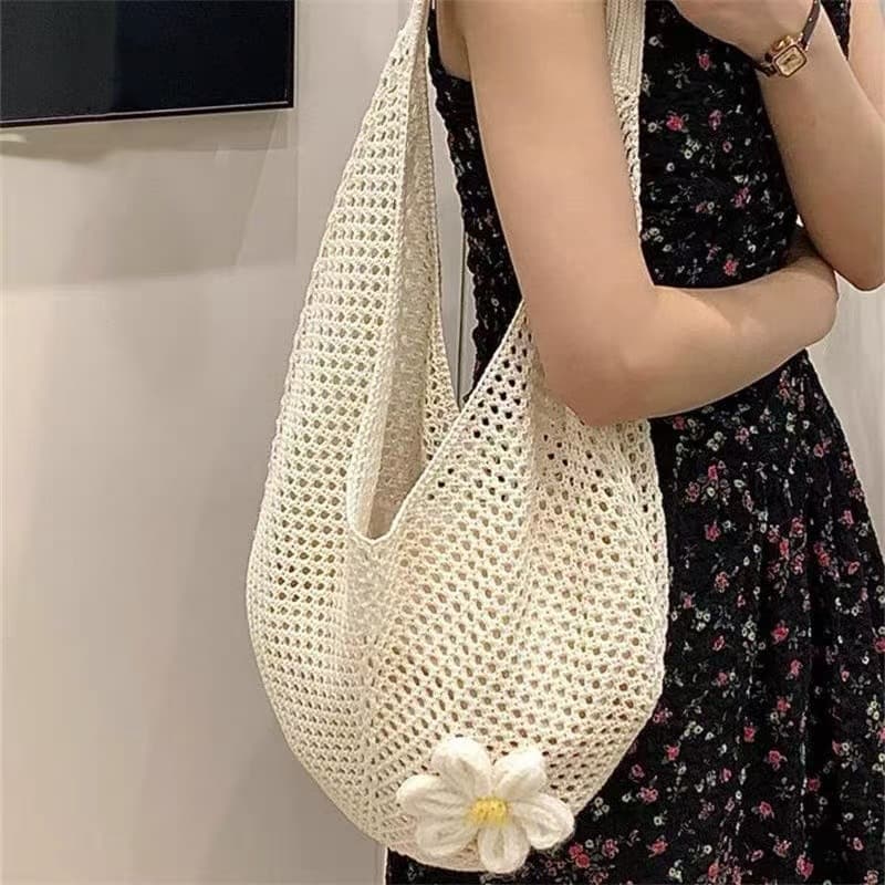 Hollow knitted wool new style love literary and artistic shoulder tote handbag large capacity bag shoulder bag