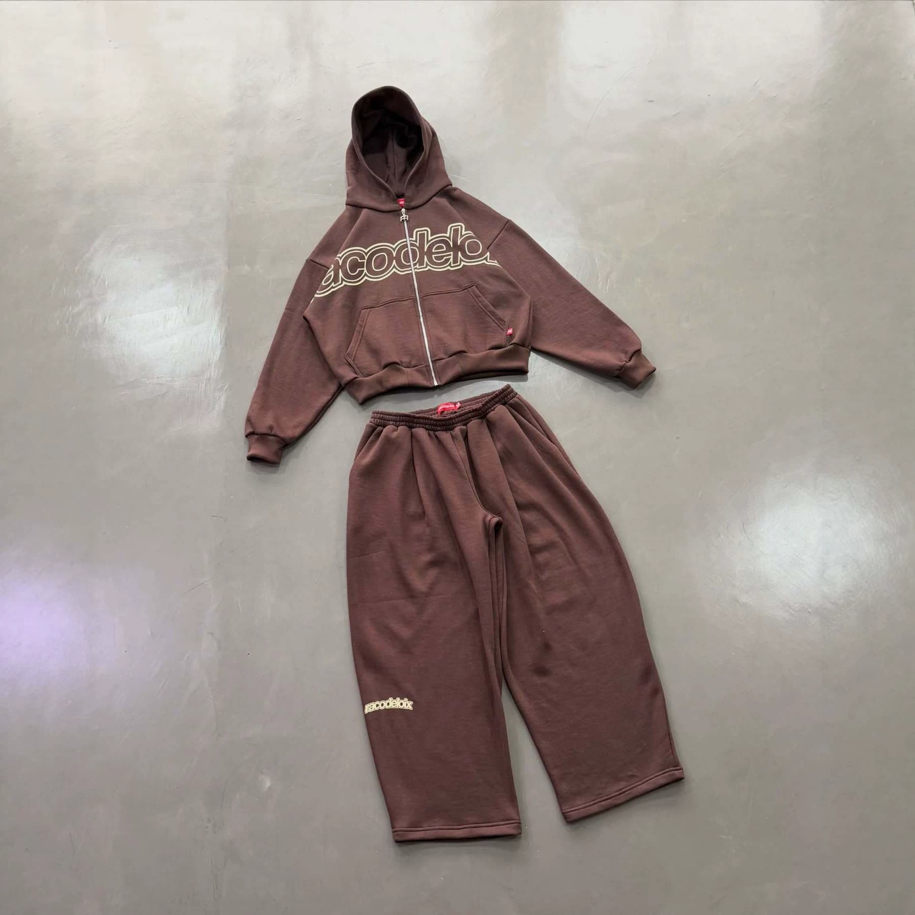 European and American cross-border brown outline letter sweatshirt and sweatpants short cardigan wide-leg sweatpants for men and women retro street style