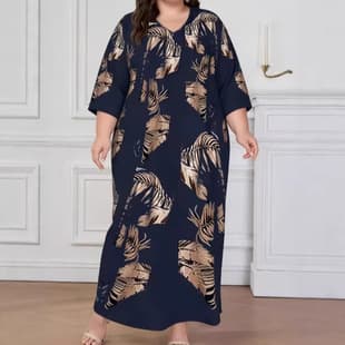 Plus Size Women's Dress, Long Sleeve Leaf and Floral Print, V-Neck, Loose Fit Design, Long Elegant Dress