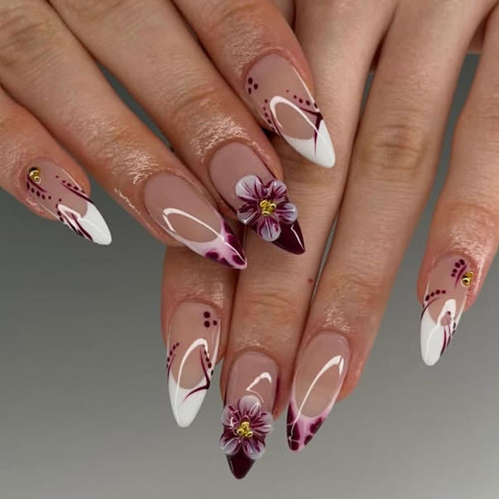 Wine Red Gradient Floral French Press-On Nails with Rhinestones and Small Gold Beads, Long Almond Nails, Smudge Floral False Nails