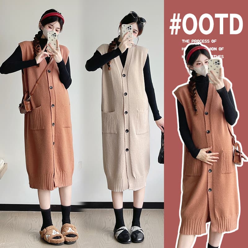 Real shot of maternity autumn set, 2025 new style, maternity vest dress with base layer top, two-piece set for winter wear.