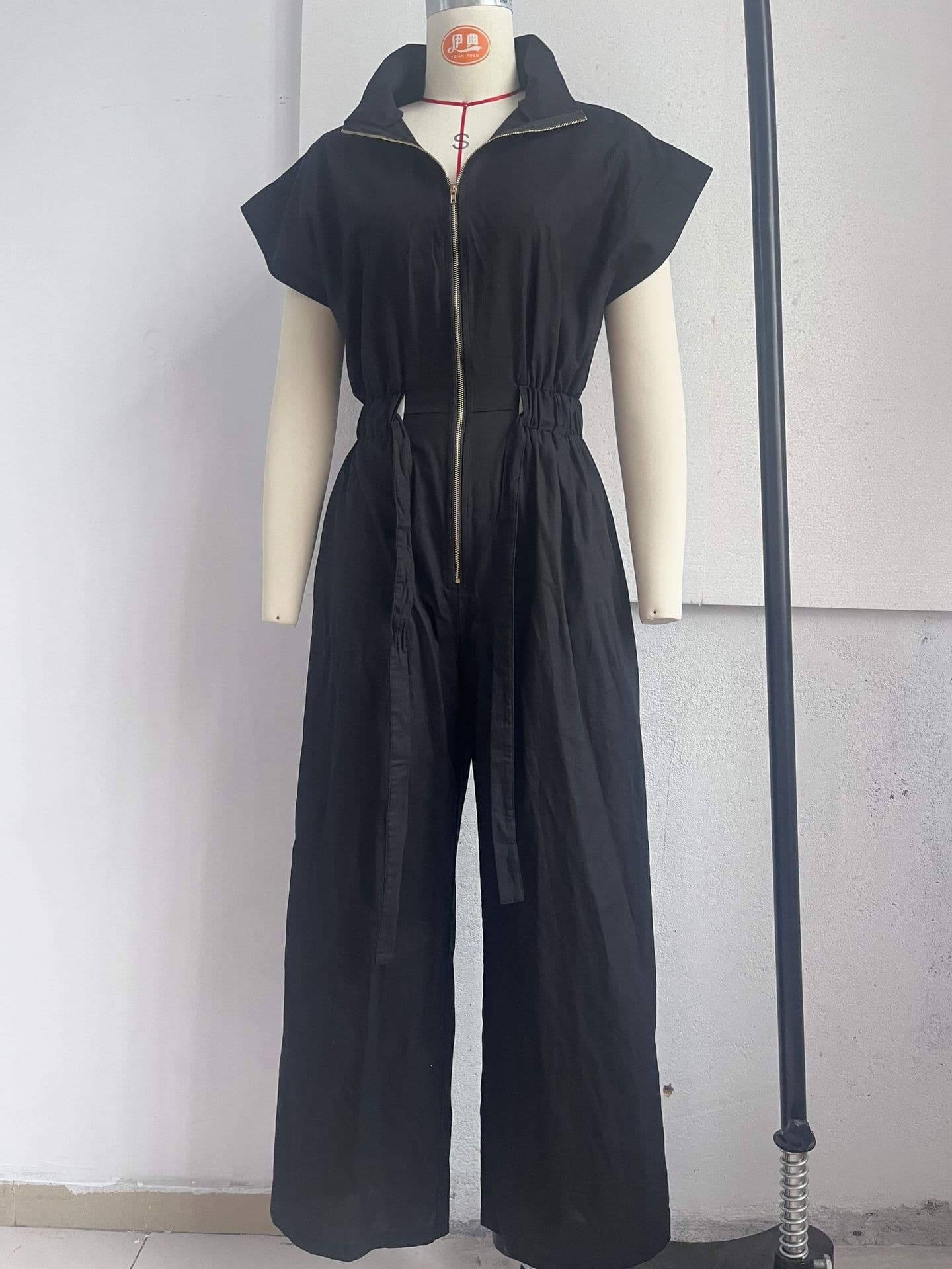 2026 European and American Cross-border Women's Vintage Casual Vacation Jumpsuit with Zipper Drawstring Waist V-neck Jumpsuit