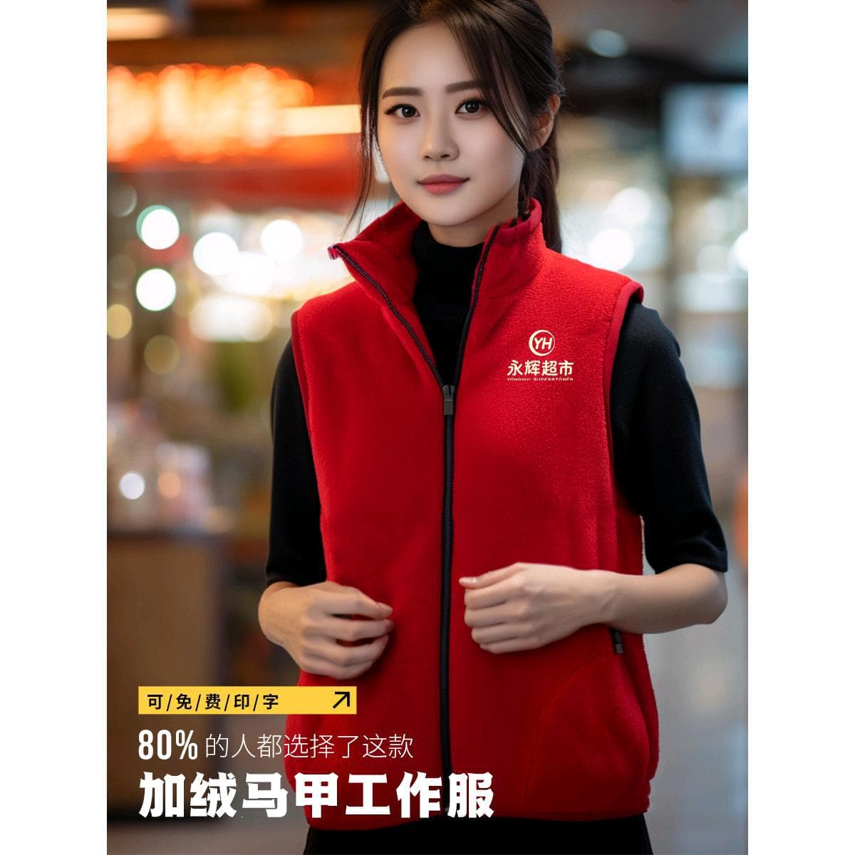 Fleece-Lined Thick Vest, Customizable with Logo, Autumn/Winter Supermarket Workwear, Volunteer and Party Member Activity Red Vest