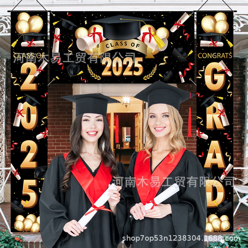 2025 New Cross-border Graduation Season Three-piece Set Background Cloth, Couplets, Graduation Cap, Certificate, Balloons Classroom Scene Decoration