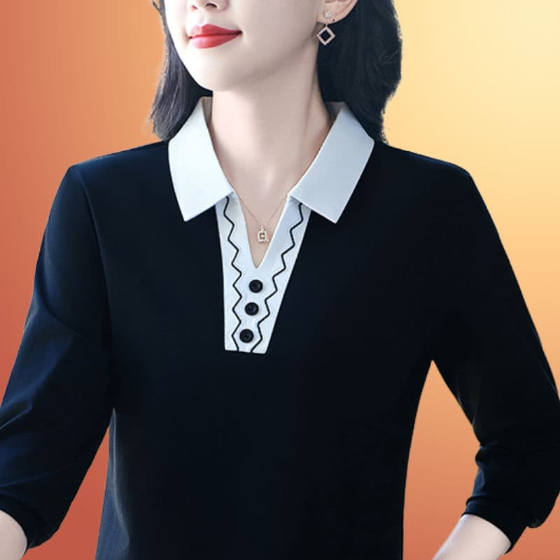 New Spring/Autumn Polo Shirt, Stylish, Middle-Aged and Elderly Mother's Outfit, Lapel Long-Sleeve T-Shirt, Plus Size, Slimming Top