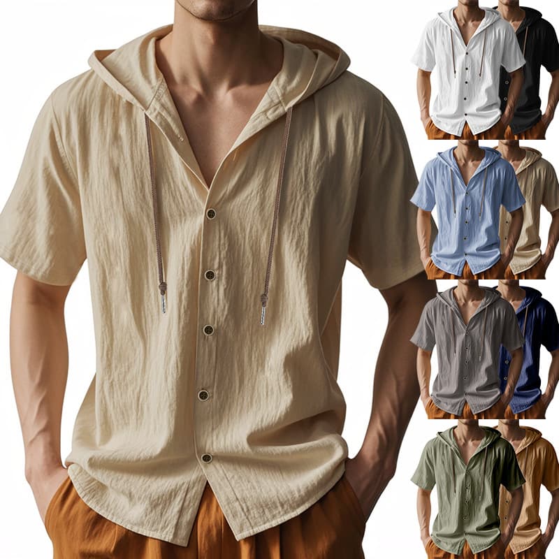 Cross-border Men's Solid Casual Short-Sleeve Shirt with Hooded Drawstring Cotton-Linen Cardigan, Trendy Versatile Loose Fit T-Shirt