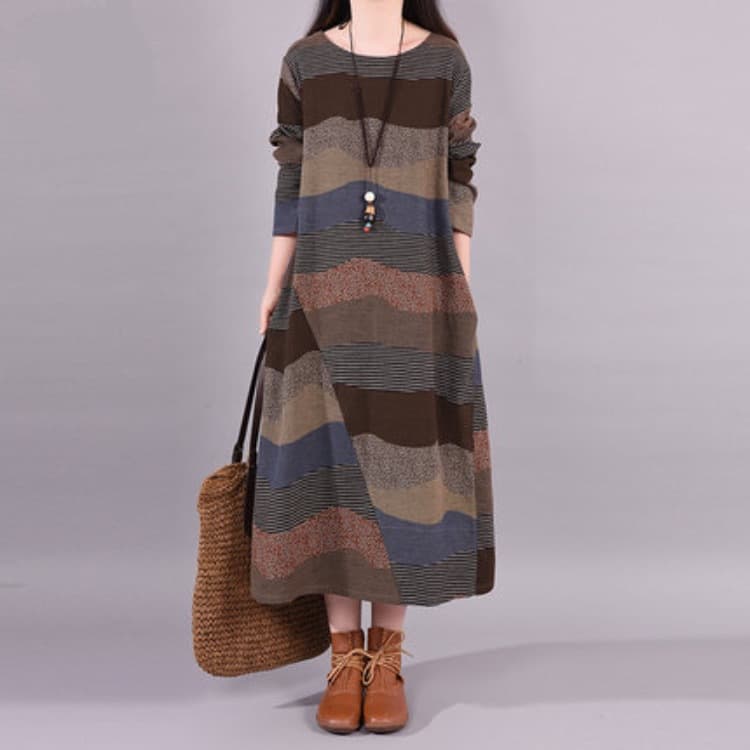 2025 Spring/Autumn New Style Artistic Round Neck Long Sleeve Casual Loose Plus Size Women's Clothing Slimming Cotton Linen Dress