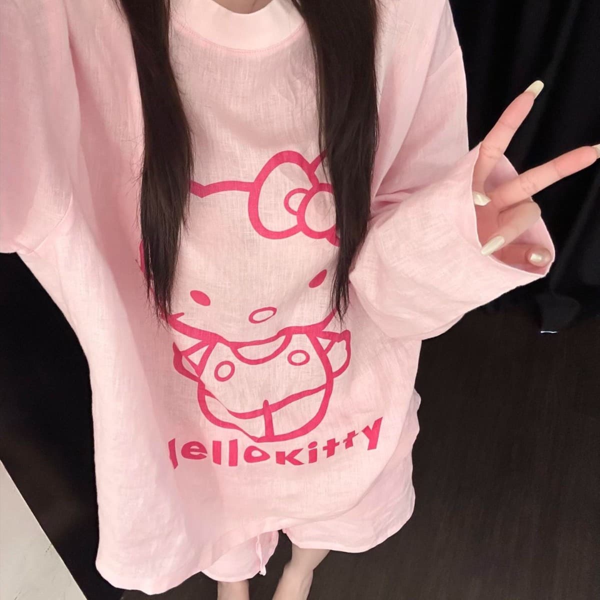 Yunduo cotton Korean style blue KT cat pajamas for women 2026 summer new long-sleeved shorts home clothes set can be worn outside