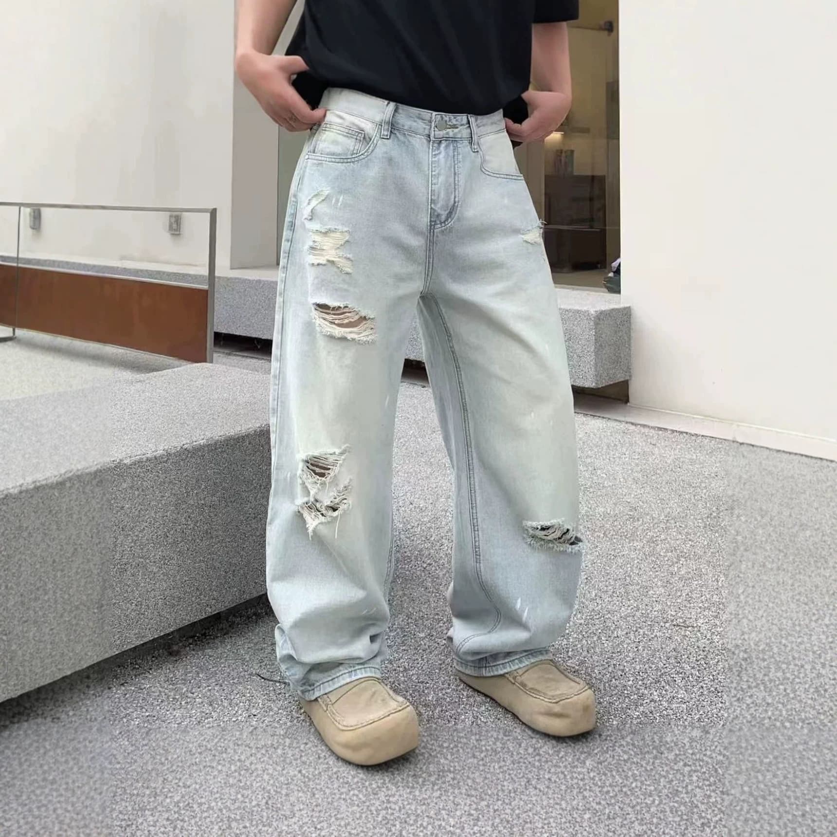 2026 American Street Style Ripped Jeans Summer Casual Washed Light Curved Wide Leg Pants