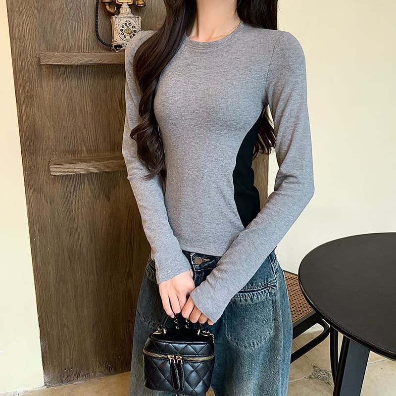 2026 Spring Long Sleeve Top Women New Women's Top Color Block Base Layer Stitching Long Sleeve Slim Fit Inner T-Shirt