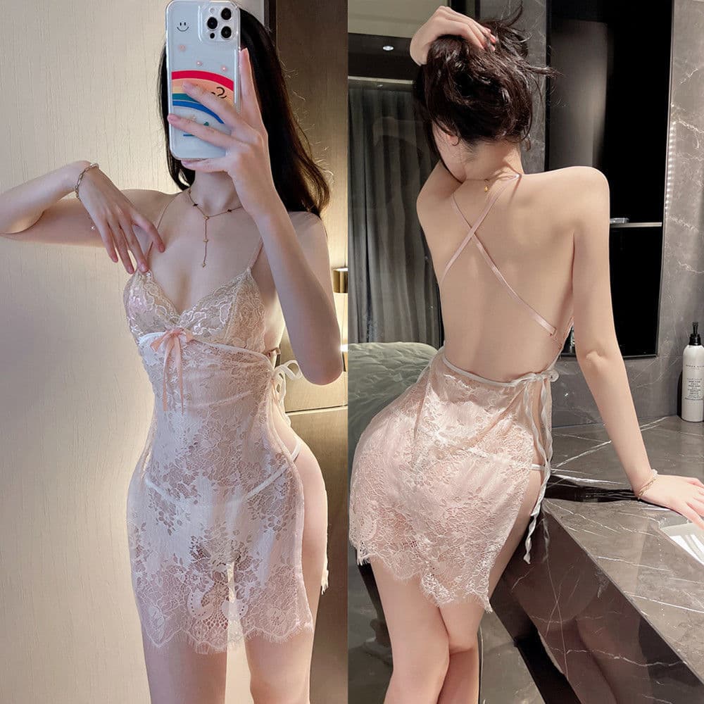 Plus Size Sexy Lace Babydoll Nightie Open Back Ties Lingerie Set 1007