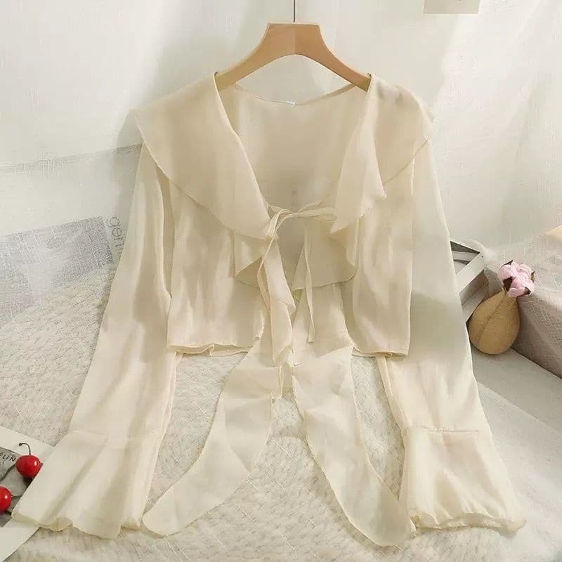 Plus Size Ruffle Chiffon Sun Protection Cardigan for Women, Summer Long-Sleeve Air Conditioning Cover-Up, Babydoll Blouse