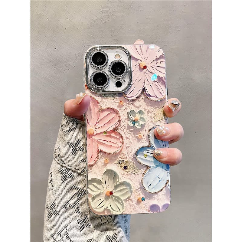 Blue Oil Painting Flower Case for iPhone 16 Pro Max, Premium Korean Style Precision-Cut Feather Texture Phone Cover