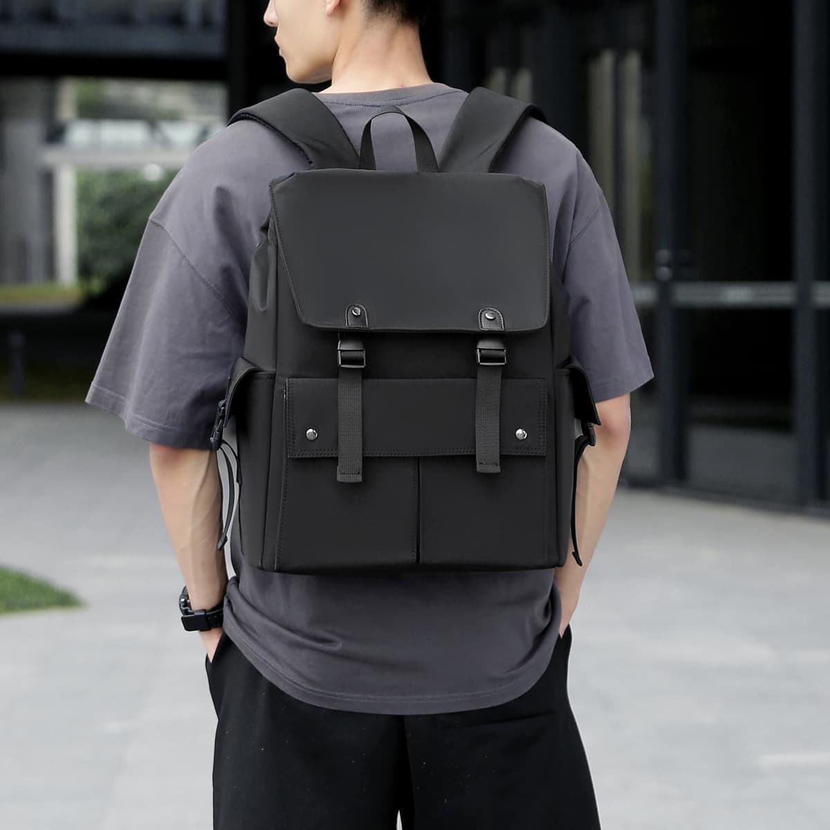 Cross-border trendy flip-top men's backpack, outdoor casual large-capacity laptop travel bag, college student flip-top backpack