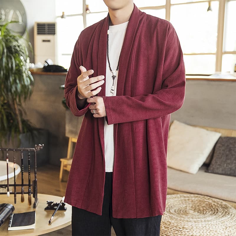 2024 Autumn New Men's Fashion Casual Cotton Linen Robe, Chinese Style Retro Trendy Trench Coat Cardigan