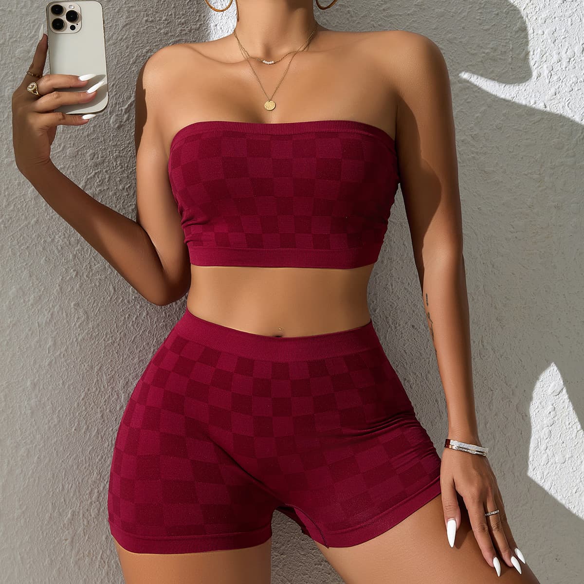 Cross-border exclusive plaid strapless bra and panty set for European and American women, single layer bra and panty set
