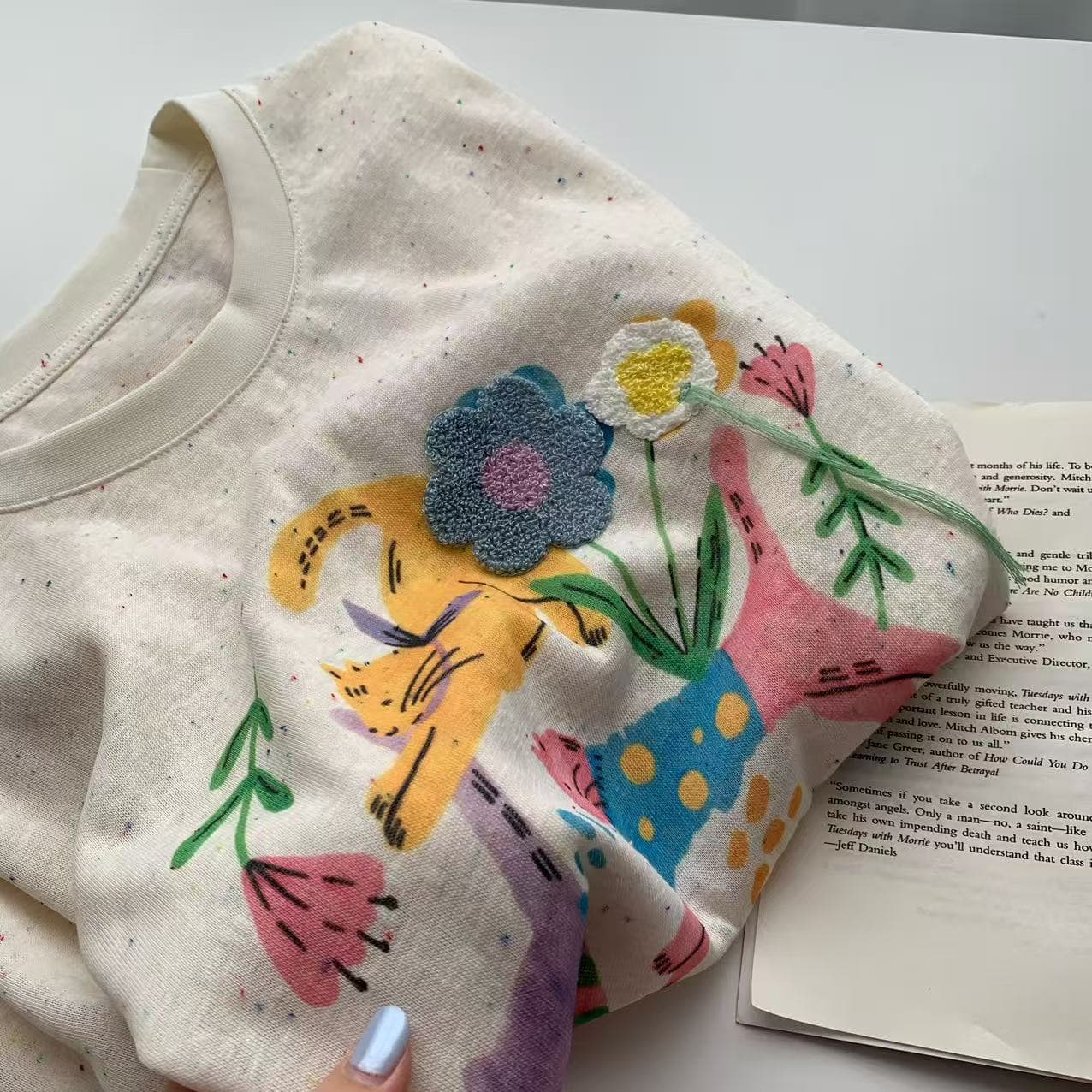 3D Floral Cat Print Short Sleeve T-Shirt for Women 2026 Summer New Korean Style Loose Casual Relaxed Top