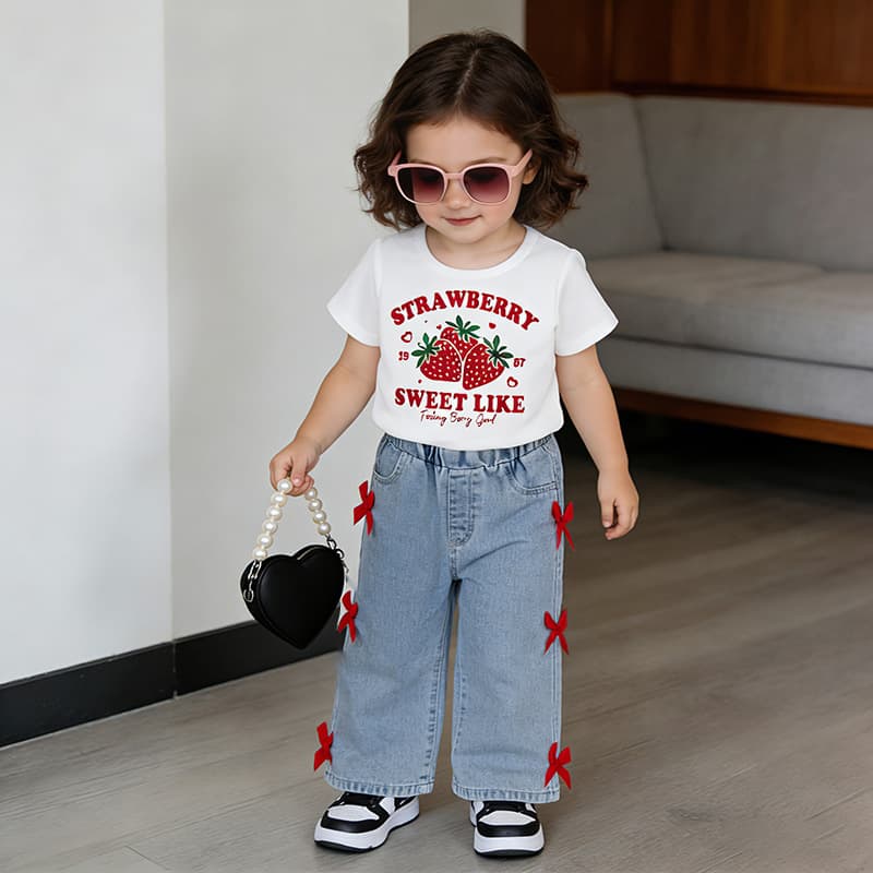 Baby Girls Clothes 0-3Y Summer Short Sleeve Printed Top + Denim Long Pants In Stock Ships Same Day