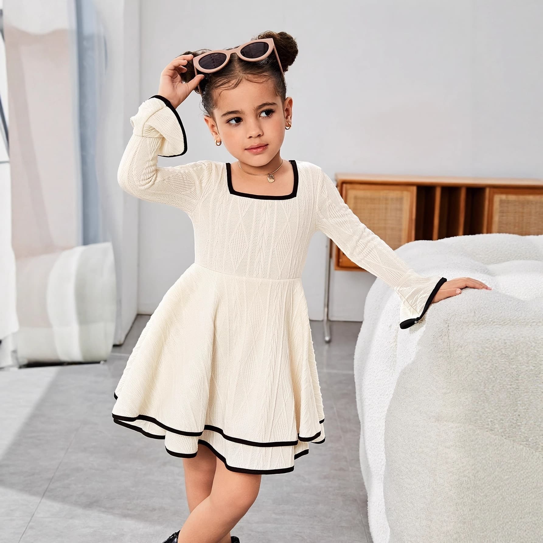 Boys and Girls Vacation Casual Solid Color Square Neck Flared Sleeve Mini Long Sleeve Dress Spring Autumn Daily Wear Suitable