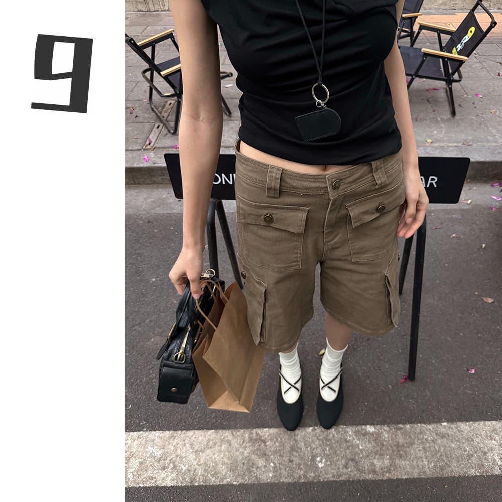 [9hour] 2026 Summer American Retro Style Cargo Shorts for Women Multi-Pocket Casual Shorts CX107