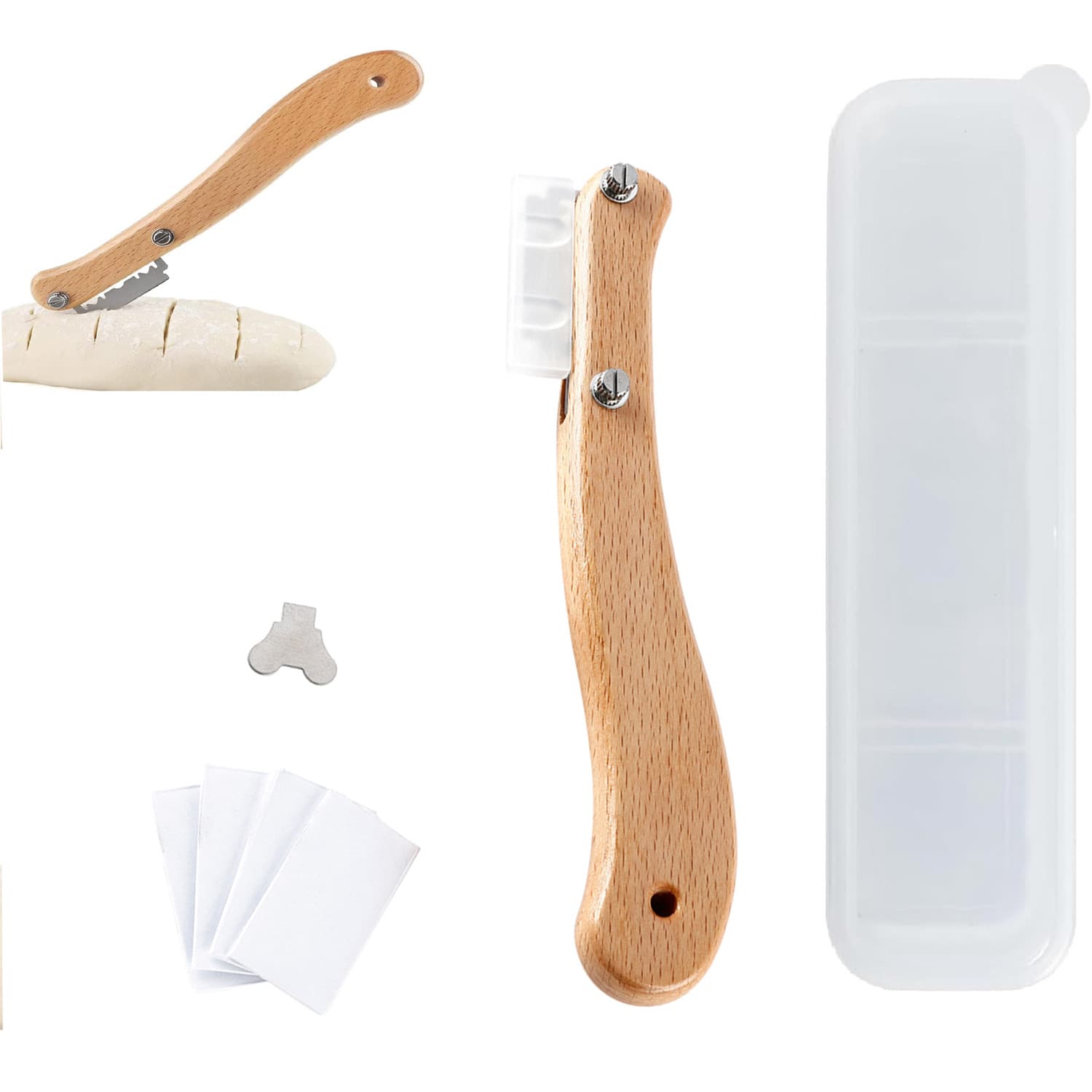 New Cross-Border Wooden Handle Bread Scoring Knife, Curved Wooden Handle, European-Style Baguette Scoring Blade, Bread Trimming Knife